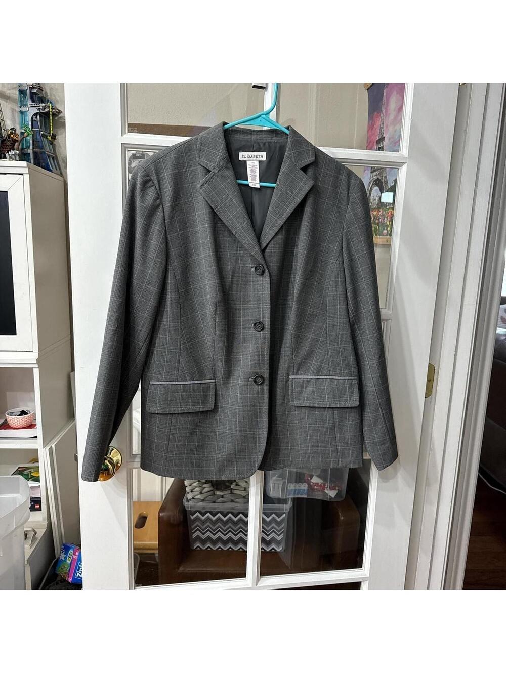 Elisabeth by Liz Claiborne Grey Plaid Button-Up Blazer - Women's 14W